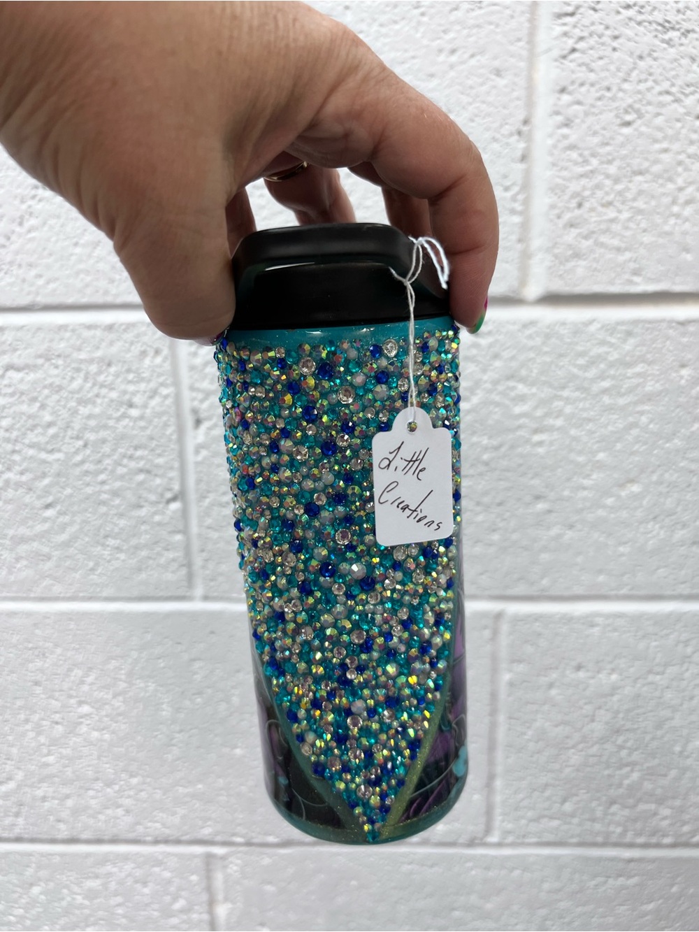 Handmade Rhinestone Travel Tumbler in Teal & Blue